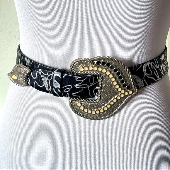 Carol Van Wyck Vintage Chunky Buckle Black Grey Printed Western Belt main image 6